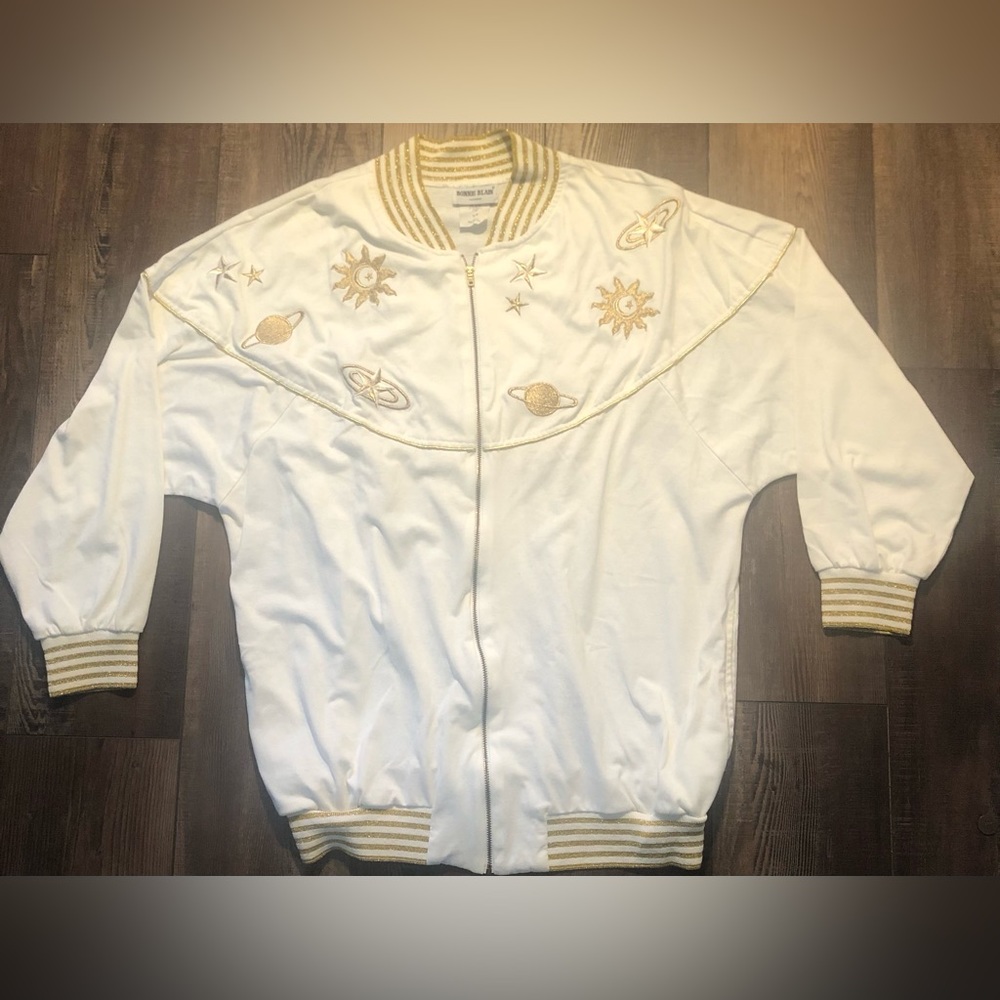 VTG Bonnie Blain Bomber Jacket. White & Gold Women’s Size Medium. Made In USA